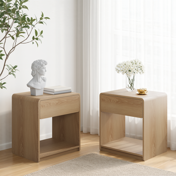 Mid-century modern bedside table set, 2 pieces, with storage drawers and open shelves, bedroom side table with rounded corners, compact bedside table set, oak color
