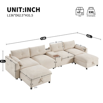 [VIDEO]136'' Modular Sectional Sofa with Console, Cup Holder, USB Charger, Movable Storage Ottoman, Pull-line&Tufted Design, U-Shaped Oversized Chenille Sofa for Living Room&Apartment,2 Colors