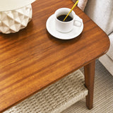 23" Mid-Century Side Table with Woven Shelf, Boho Side Table with Storage, Bedside Tables, Small Side Table for Living Room Couch Patio Home Office