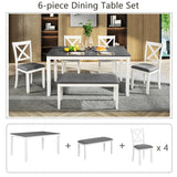 6-Piece Dining Table Set with Bench, Wood Dining Table Set for 6, Modern 6-Person Dining Table Set for Dining room, Kitchen, Grey & White two tone