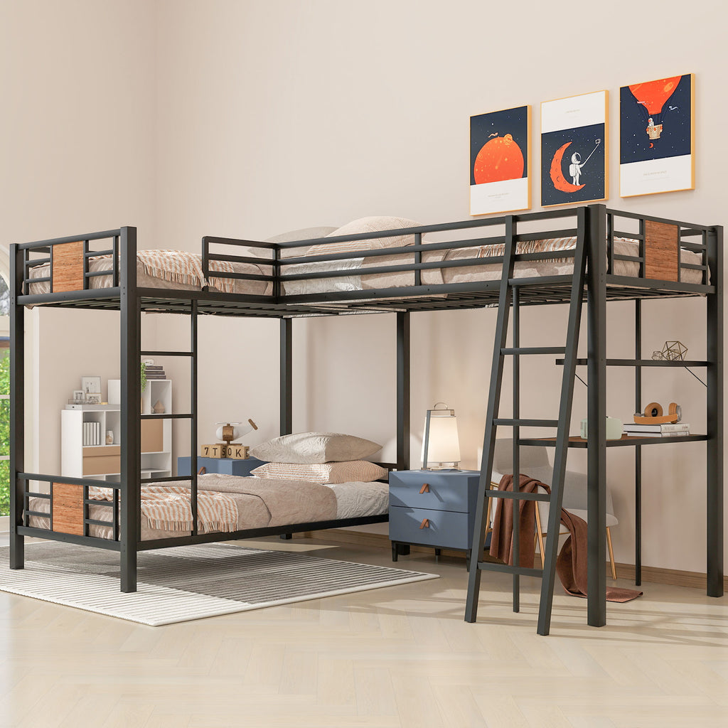 L-Shaped Twin over Twin Bunk Bed with Twin Size Loft Bed with Desk and Shelf ,Brown