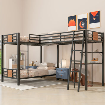 L-Shaped Twin over Twin Bunk Bed with Twin Size Loft Bed with Desk and Shelf ,Brown