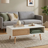 41.34" Rattan Coffee table, sliding door for storage, solid wood legs, Modern table  for living room ,White