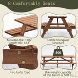 8 Person Brown Wooden Picnic Table, Outdoor Camping Dining Table with 2 Seats, Garden, DIY with 2 Built-in Benches, 2220lb Capacity