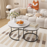 Nesting Coffee Table Set of 2, 27.6inch Round Coffee Table Wood Marble Pattern Top with Sturdy Metal Frame, End Table Side Tables for Living Room Bedroom Balcony Yard (Black)