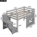 Twin Size Loft Bed with Storage Staircase and Window, With LED Light, Gray
