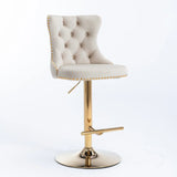 A&A Furniture,Golden Swivel Velvet Barstools Adjusatble Seat Height from 25-33 Inch,Modern Upholstered Bar Stools with Backs Comfortable Tufted for Home Pub and Kitchen Island,Beige,Set of 2