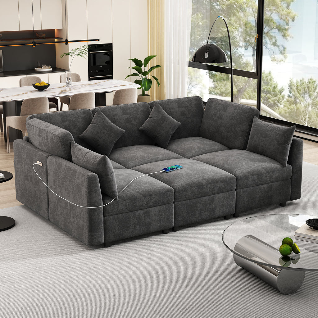 86.6" Sectional Sofa Modular Sofa U-shaped Sofa Couch Sofa Bed L-shaped Sofa with a Movable Ottoman and Two USB Ports for Living Room(Old SKU:N719S001680B), Black