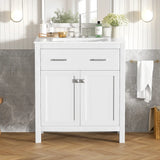 30-inch Bathroom Vanity with Ceramic Sink, Modern White Single Bathroom Cabinet with 2 Doors and a Shelf, Soft Close Doors