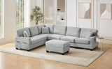 Sectional Sofa U-shaped Sectional 125.2" Upholstered L-shaped Sofa with a Movable Ottoman and Side Storage Pockets for Living Room, Grey
