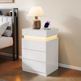 Nightstand with Built-In Charging Station and LED Lighting, 3-Drawer Sliding-Top Modern Bedside Table, Black Wooden End Table