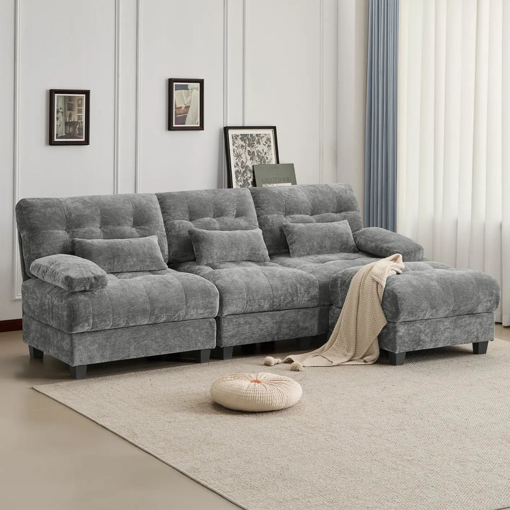 93" 3+1 Seater Sofa with Ottoman - 4-Position Adjustable Backrest, 350lb/Seat, Soft Chenille Fabric, 3 Throw Pillows, Easy Assembly