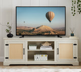 Farmhouse Rattan TV Stand Console Table for TVs up to 70 Inches, TV Console Table with 2 Storage Shelves, 2 Natural Rattan Door Cabinets, 65"W*15.55"D*23.86"H, Gray