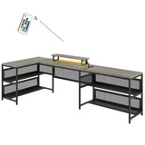 U Shaped Desk with Power Outlets & LED Strip & Monitor Stand, L Shaped Desk with Storage Shelf, Home Office Gaming Desk, Vintage