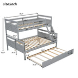 Twin over Full Bunk Bed with Ladder, Twin Size Trundle, Safety Guardrail, Gray