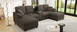 Modern U-shaped Sofa 116.9" Sectional Sofa Corduroy Upholstered Sofa Couch with Storage Ottomans, Cup Holders and USB Ports for Living Room, Brown