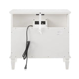 Open Space and 2 Drawers Dresser Nightstand with Charging Station, Farmhouse End Table with USB Ports and Outlets, Fluted Pilasters Design Side Table with Solid Wood Legs for Bedroom