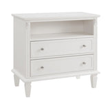 Open Space and 2 Drawers Dresser Nightstand with Charging Station, Farmhouse End Table with USB Ports and Outlets, Fluted Pilasters Design Side Table with Solid Wood Legs for Bedroom