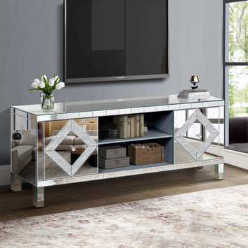 Mirrored TV Stand for 65+ inch TV,Sliver TV Console Table with Open Storage & 2 Storage Cabinets ,Diamond Shape Sparkling Mirror Doors for Living Room(59''W x 25.2''H x 15.7D)
