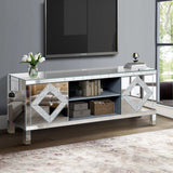 Mirrored TV Stand for 65+ inch TV,Sliver TV Console Table with Open Storage & 2 Storage Cabinets ,Diamond Shape Sparkling Mirror Doors for Living Room(59''W x 25.2''H x 15.7D)