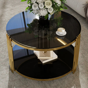 Modern Black Mirror Coffee Table, Asymmetrical Metal, Circular Metal Drum Base, Gold Finish & Lower Shelf