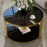 Modern Black Mirror Coffee Table, Asymmetrical Metal, Circular Metal Drum Base, Gold Finish & Lower Shelf