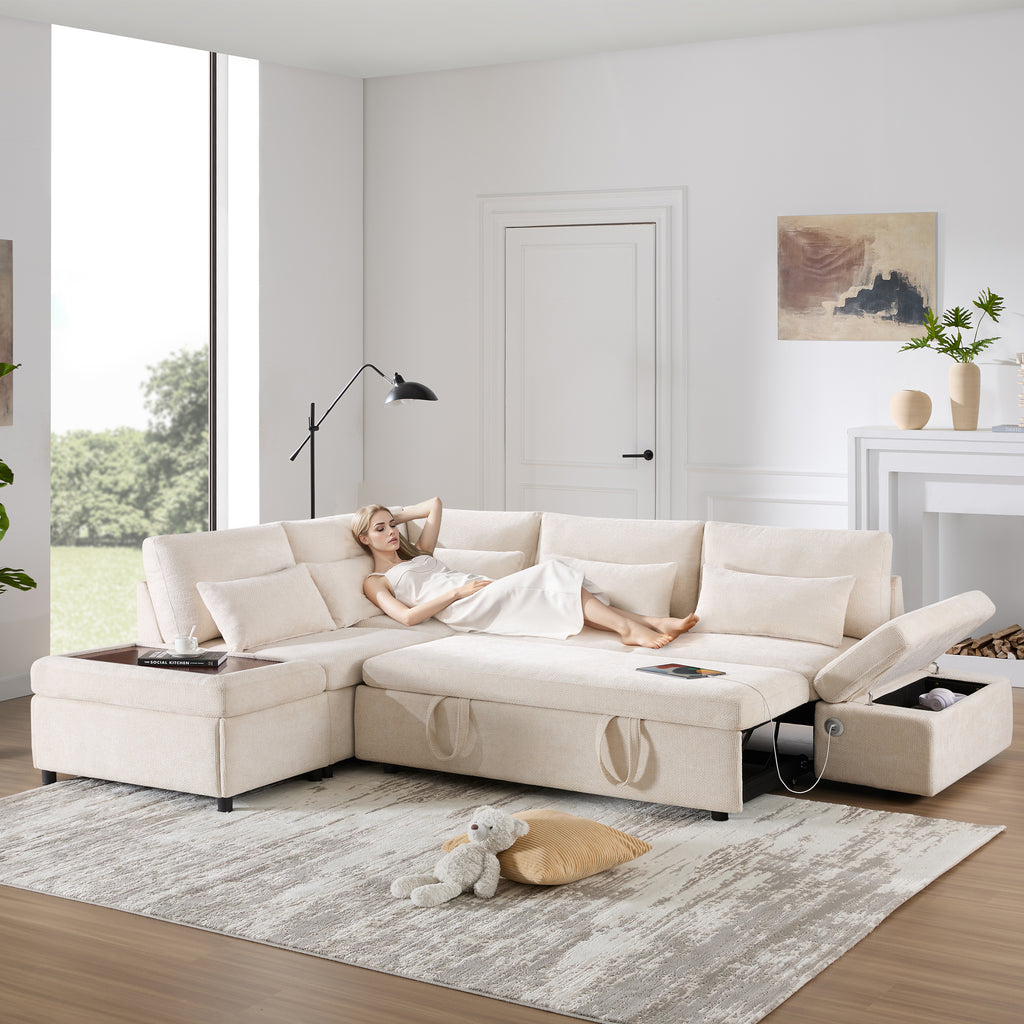 [VIDEO]107'' Sectional Sleeper Sofa Bed with Pull Out Couch, L-shaped with Adjustable Armrest, USB&Type-C Charging, Free Movement Storage Ottoman, Free Combination for Living Room&Apartment, Chenille