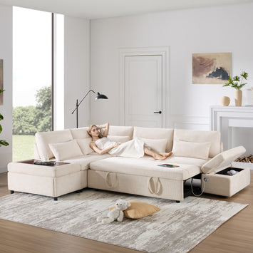 [VIDEO]107'' Sectional Sleeper Sofa Bed with Pull Out Couch, L-shaped with Adjustable Armrest, USB&Type-C Charging, Free Movement Storage Ottoman, Free Combination for Living Room&Apartment, Chenille