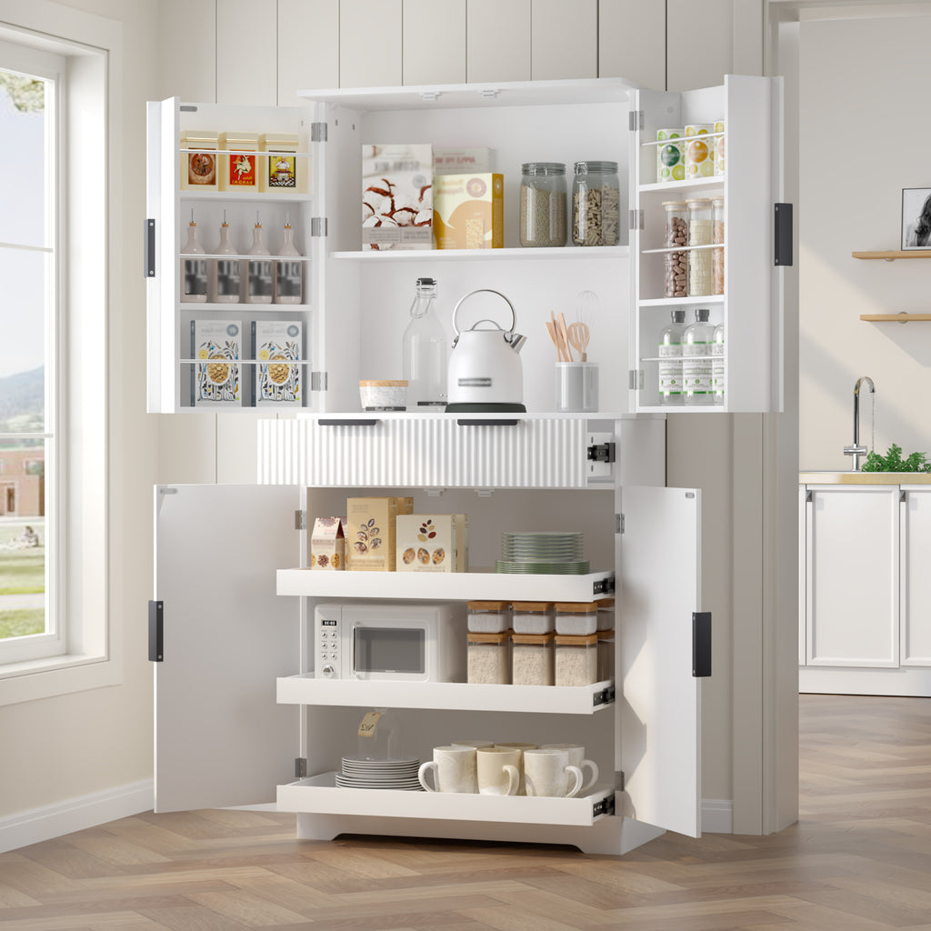 72" Fluted Kitchen Pantry Cabinet with 3 Keyboard Drawers & 6 Door Shelves Adjustable, Freestanding Cupboard Storage Cabinet for Bathroom, Diningroom, Office, Entryway, White