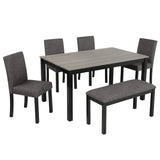 6-Piece Dining Table Set with Bench and Chairs, Dining Table Set for 6 with Bench, Wooden Dining Table Set for Kitchen, Dining Room, Light Grey & Black Two Tone