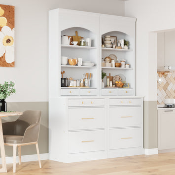 [Assembly Video Provided] TOPMAX Modern 83.7inch High Kitchen Pantry, Freestanding Tall Kitchen Hutch with Faux Marble Top,Cupboard Cabinet with 5 Storage Drawers and Adjustable Shelf, Set of 2, White