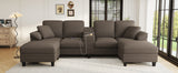 Modern U-shaped Sofa 116.9" Sectional Sofa Corduroy Upholstered Sofa Couch with Storage Ottomans, Cup Holders and USB Ports for Living Room, Brown