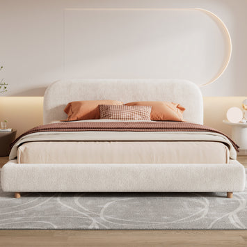 King Size Platform Bed with Boucle Fabric, Boucle Fabric Upholstered Platform Bed with Curve-Shaped Design Headboard, White, Easy Assembly