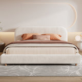 King Size Platform Bed with Boucle Fabric, Boucle Fabric Upholstered Platform Bed with Curve-Shaped Design Headboard, White, Easy Assembly