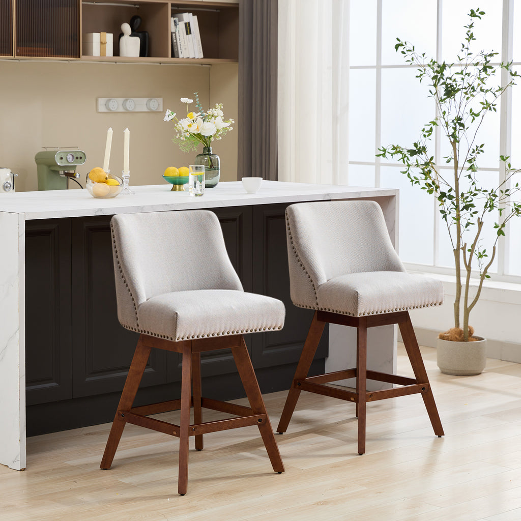 Counter Height Swivel Barstools, 26'' H Seat Height Upholstered Bar Stools Set of 2, Fabric in Ivory