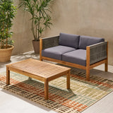 Patio Loveseat and Coffee Table Set, Patio Furniture Set with Cushion, Acacia Wood Frame Conversation Set for Garden, Backyard, Porch and Poolside, Minimalistic Style