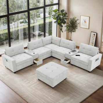 104'' Sectional Sofa with Acrylic Table Top,Chenille U Shaped Couch Set with 2 Consoles,USB Charger,Storage Drawers and Pockets,Movable Ottoman,Tufted Sofa for Living Room,Apartment,2 Colors