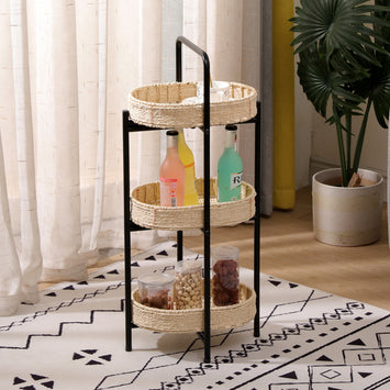 3 Tiers Tray Tables Paper Rope Woven Side Table for Living Room Kitchen Oval Storage Basket Small Shelves (Natural)