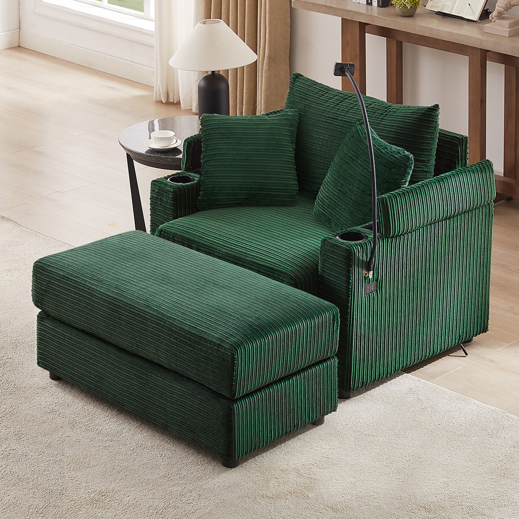 41.7" Modern Style Single Sofa Sofa Couch with Storage Space, A Movable Ottoman, Two USB Ports, Two Cup Holders, A Phone Holder for Living Room, Green