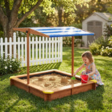 Kids Sandbox with Cover, 46" Wooden Sand Box w/Adjustable Canopy, Large Outdoor Cedar Sandpit for Backyard Play