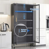 65" Kitchen Pantry Storage Cabinet, 6 Tier Metal Display Storage Cabinet with Transparent Door, Adjustable Shelves & Wheels, Food Pantries Cabinets, for Kitchen, Living Room and Dining Room, Gray