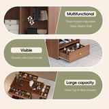 Closet Island with 6 Drawers, Wardrobe Armoire Bedroom Island with Glass Display Top and Open Shelves, Jewelry Storage Vanity Island with compartments, Walk-in Closet Island for Cloakroom, Walnut