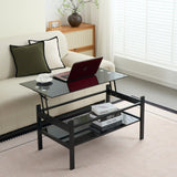 Glass Lift Top Coffee Table, Modern Simple 2-Layer Tempered Glass Coffee Table for Living Room, Black