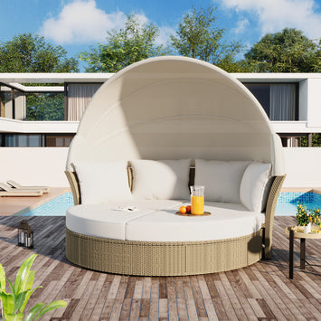 Outdoor Patio Daybed Wicker Rattan Double Daybed Round Sofa Furniture Set with Retractable Canopy, 4 Pillows for Lawn Garden Backyard Porch Pool, Beige