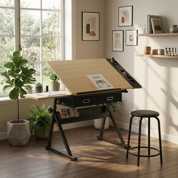 adjustable drawing drafting table desk with 2 drawers for home office and school with stool(maple)