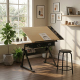 adjustable drawing drafting table desk with 2 drawers for home office and school with stool(maple)