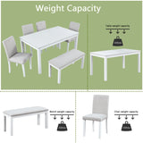 6 Piece Wooden Dining Table Set, Wooden Dining Table with 4 Upholstered Chairs and Bench for 6 People, Rectangular Dining Table Set with Crystal Decoration for Kitchen, Dining Room, White