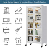 65" Kitchen Pantry Storage Cabinet, 6 Tier Metal Display Storage Cabinet with Transparent Door, Adjustable Shelves & Wheels, Food Pantries Cabinets, for Kitchen, Living Room and Dining Room, Gray