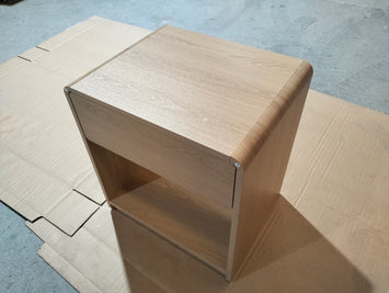 Mid-century modern bedside table set, 2 pieces, with storage drawers and open shelves, bedroom side table with rounded corners, compact bedside table set, oak color