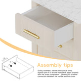 Upholstered Wooden Nightstand with 3 Drawers and Metal Legs&Handles, Bedside Table with Marbling Stickers Worktop - Beige